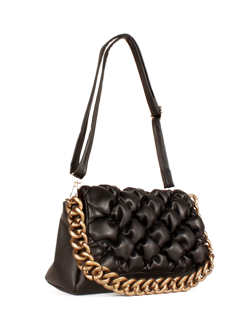 Siyah Deri Görünümlü Kendinden Desenli Kadın Omuz Çantası-1