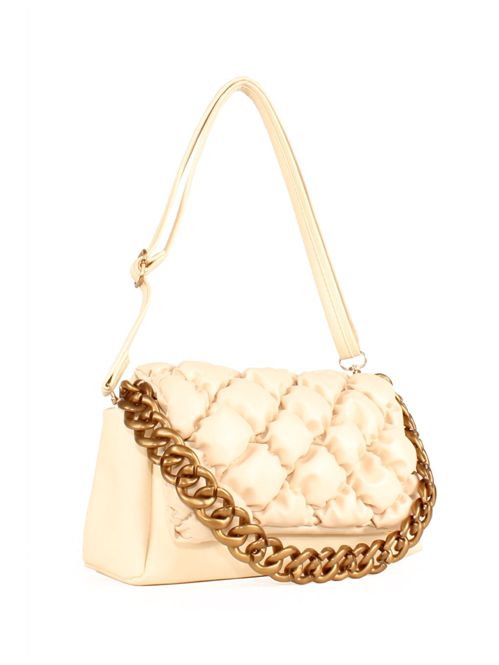 Ekru Deri Görünümlü Kendinden Desenli Kadın Omuz Çantası-1