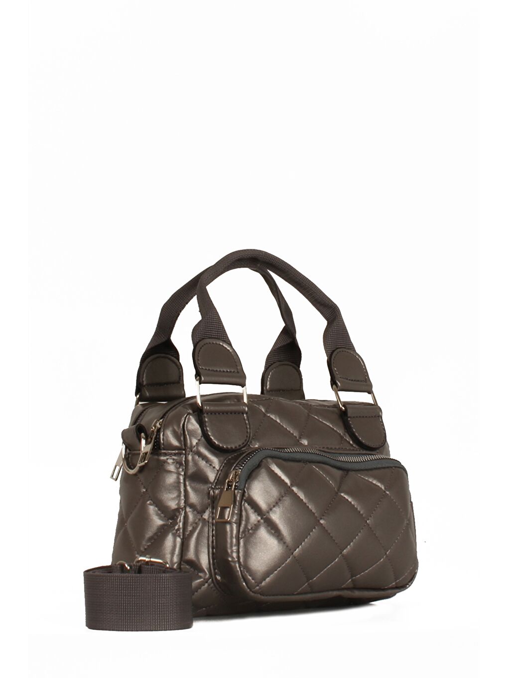 Gri Deri Görünümlü Kapitoneli Kadın Çapraz Çanta-1