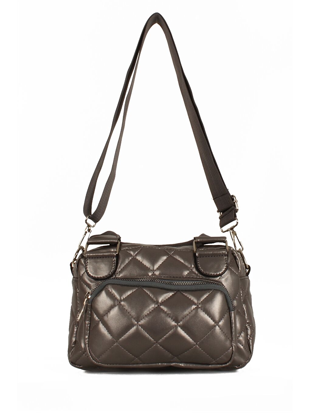 Gri Deri Görünümlü Kapitoneli Kadın Çapraz Çanta-3