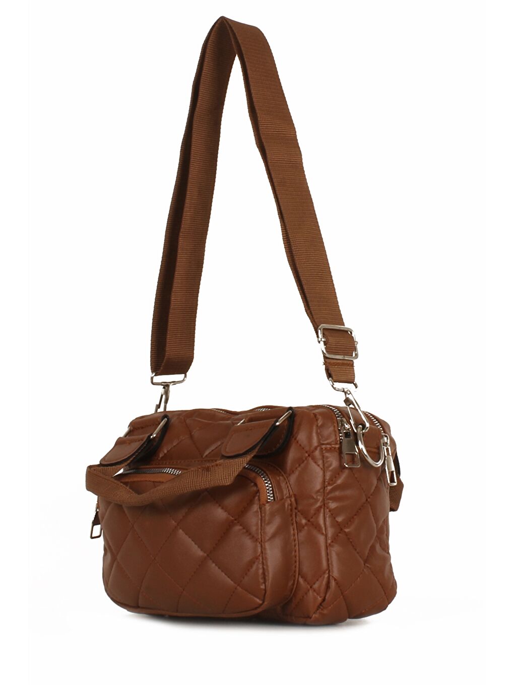 Ekru Deri Görünümlü Kapitoneli Kadın Çapraz Çanta