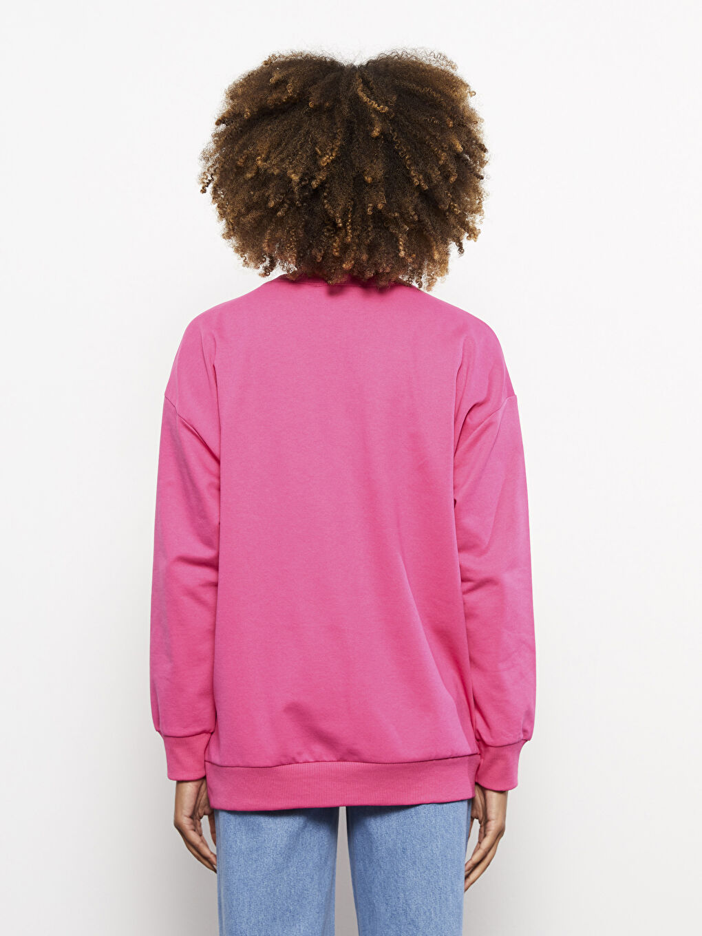 Fuşya Bisiklet Yaka Taş Devri Baskılı Uzun Kollu Kadın Sweatshirt-3