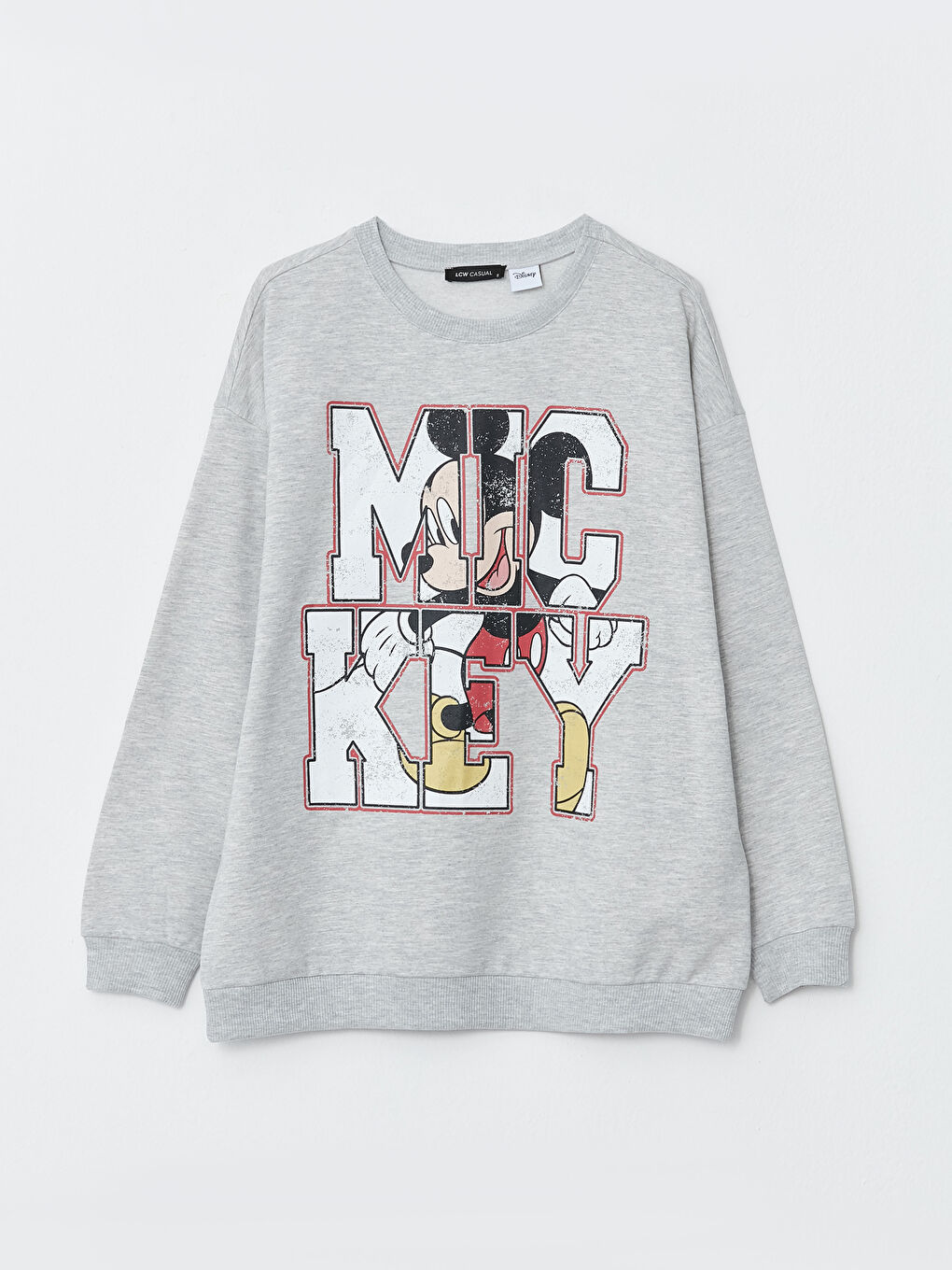 LCW Vision Gri Melanj Bisiklet Yaka Mickey Mouse Baskılı Uzun Kollu Oversize Kadın Sweatshirt - 5