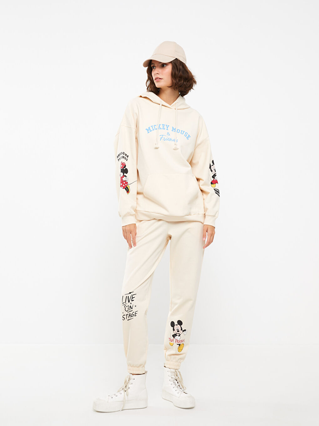 Bej Mickey ve Arkadaşları Baskılı Kadın Hoodie-2