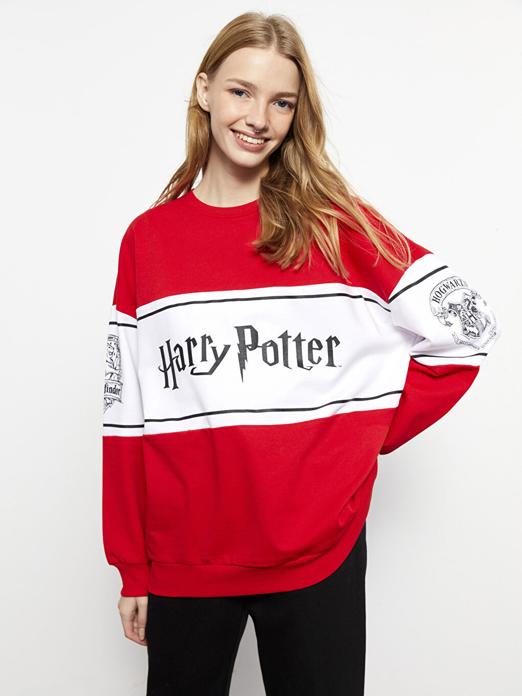 Kırmızı Bisiklet Yaka Harry Potter Baskılı Uzun Kollu Oversize Kadın Sweatshirt