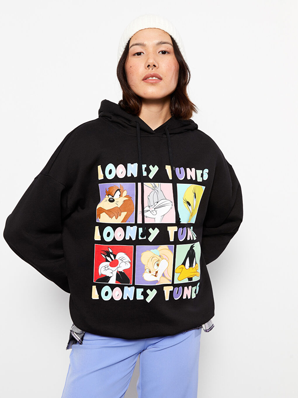 Siyah Bugs Bunny Baskılı Uzun Kollu Oversize Kadın Hoodie