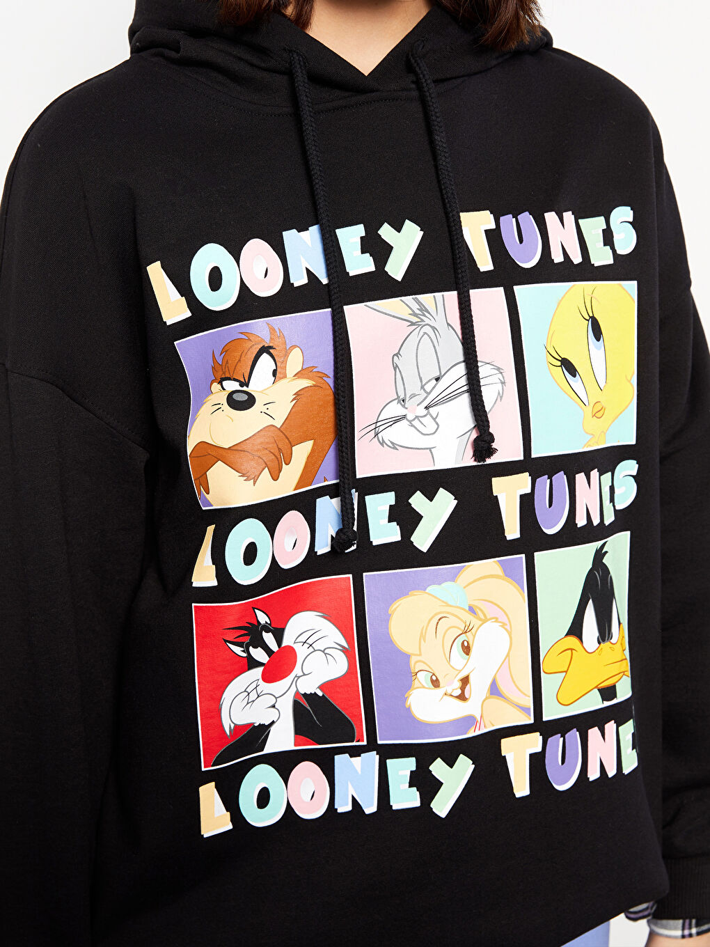 Siyah Bugs Bunny Baskılı Uzun Kollu Oversize Kadın Hoodie-3