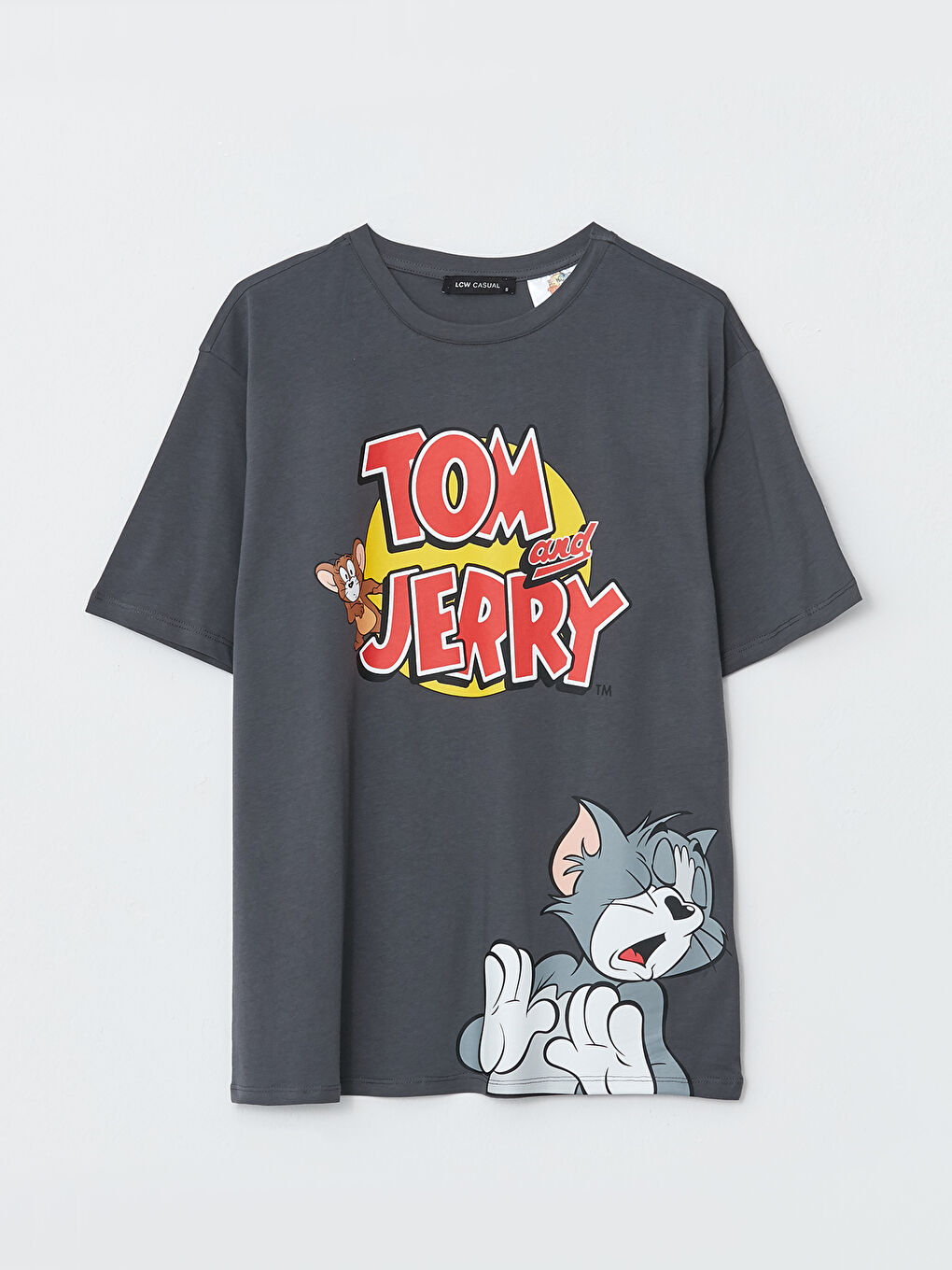 Gri Bisiklet Yaka Tom ve Jerry Baskılı Kısa Kollu Pamuklu Kadın Tişört-5