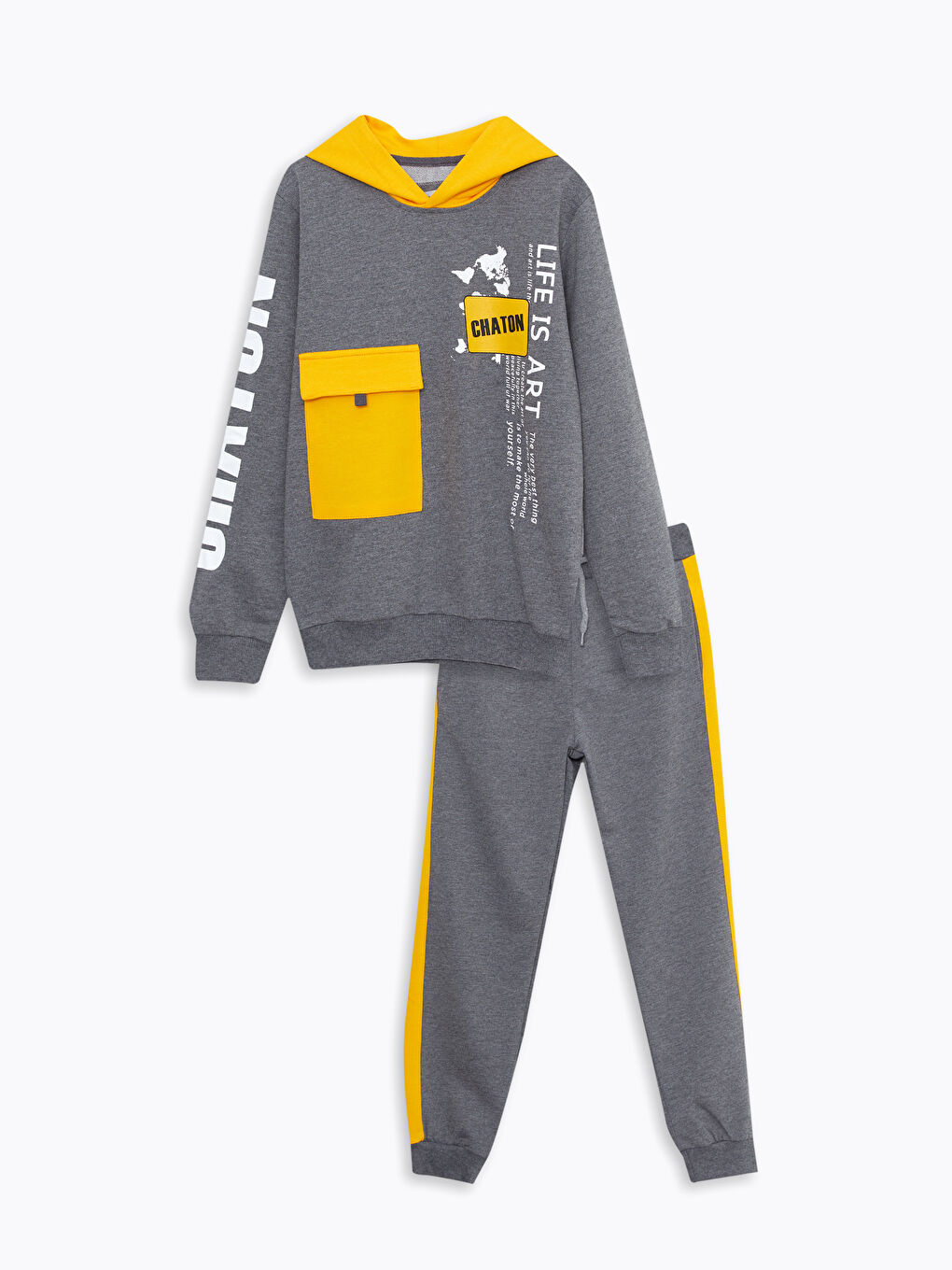 Gri Kapüşonlu Baskılı Uzun Kollu Erkek Çocuk Sweatshirt ve Eşofman Altı-4