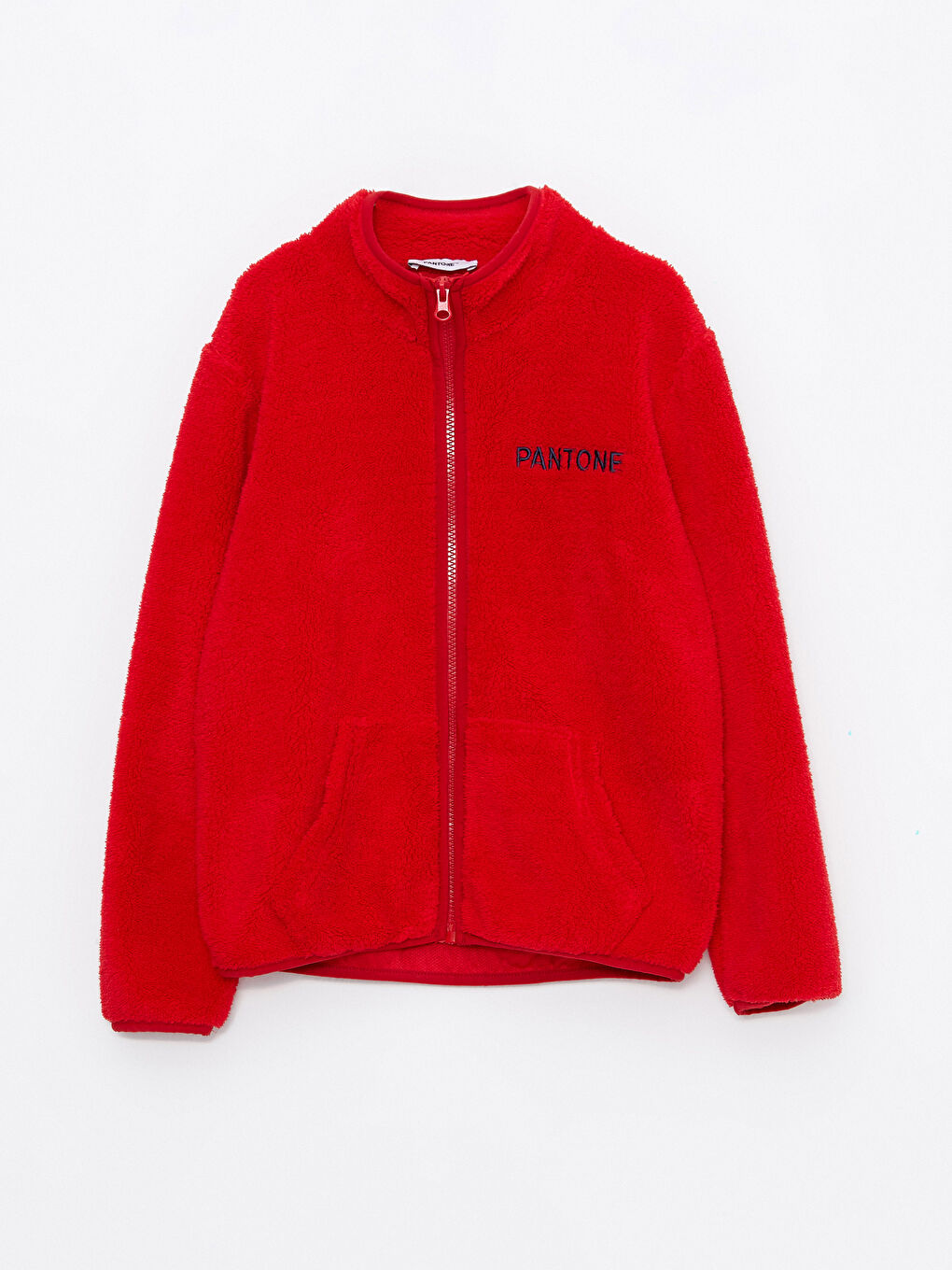 Kırmızı Dik Yaka Nakışlı Uzun Kollu Unisex Çocuk Fermuarlı Sweatshirt