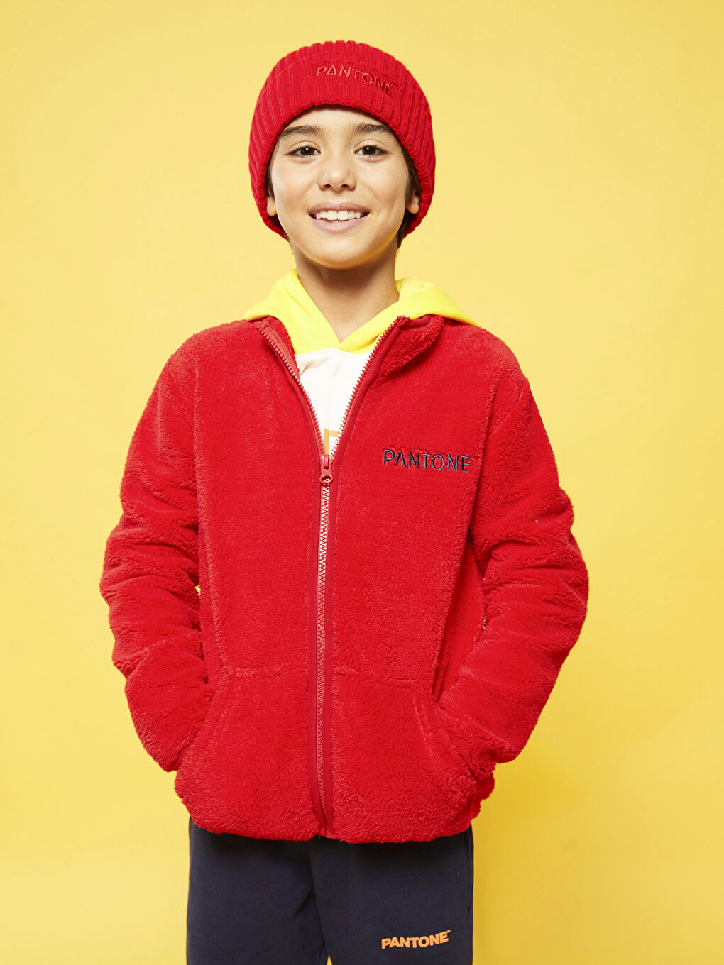 Kırmızı Dik Yaka Nakışlı Uzun Kollu Unisex Çocuk Fermuarlı Sweatshirt-2