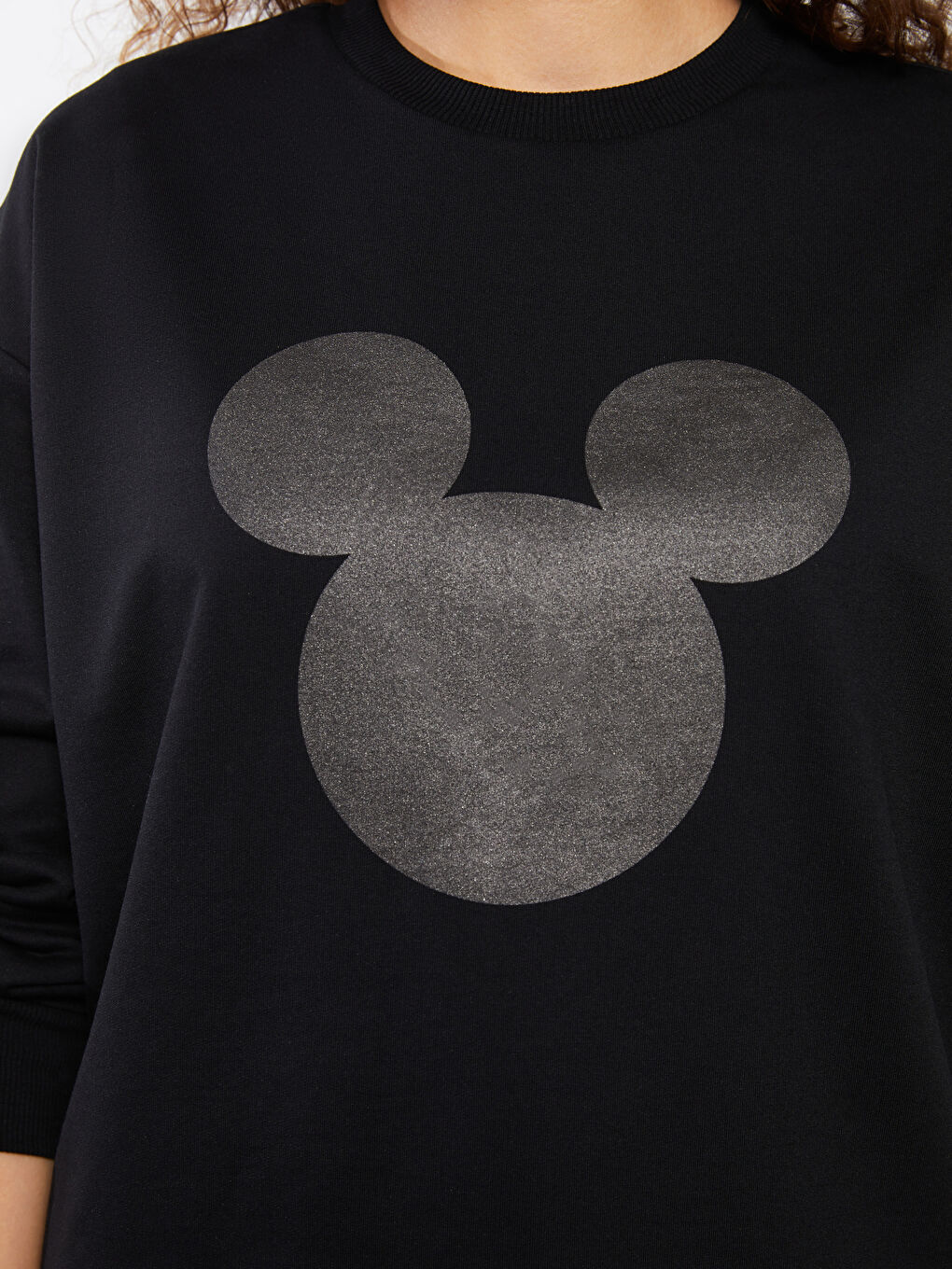 Siyah Bisiklet Yaka Mickey Mouse Baskılı Uzun Kollu Oversize Kadın Sweatshirt-3