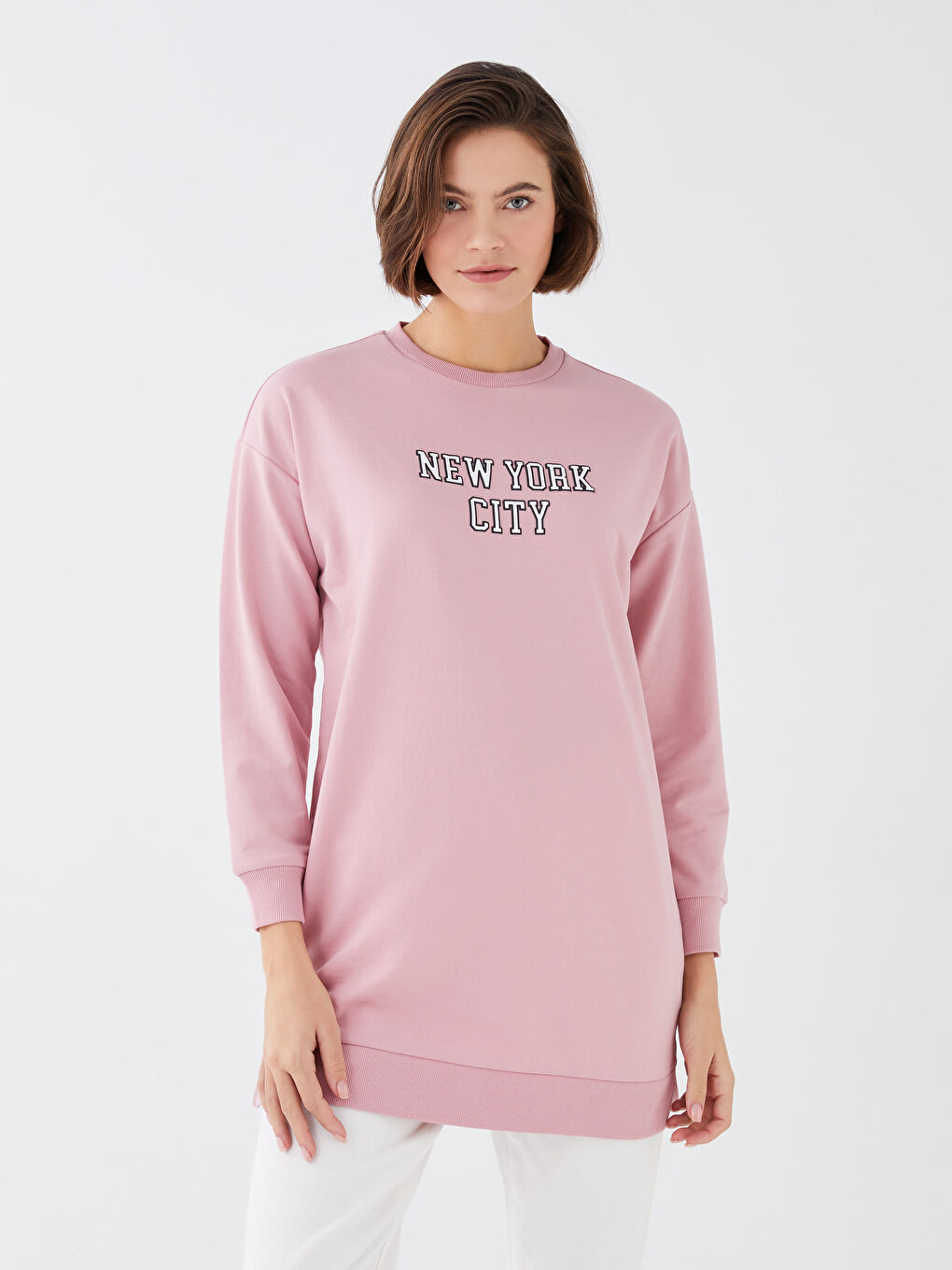 Pembe Bisiklet Yaka Baskılı Uzun Kollu Oversize Kadın Sweatshirt Tunik-1