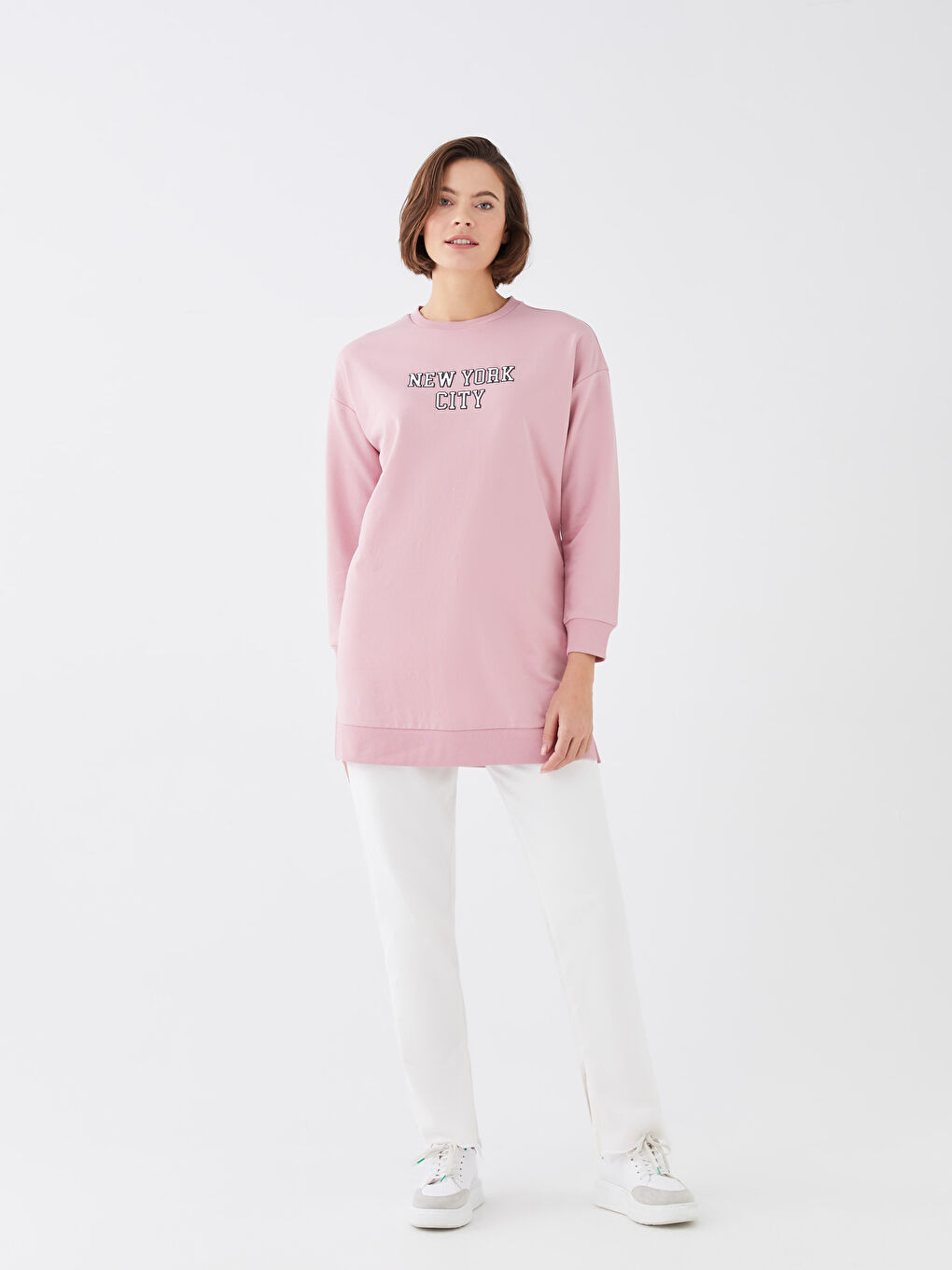 Pembe Bisiklet Yaka Baskılı Uzun Kollu Oversize Kadın Sweatshirt Tunik-2