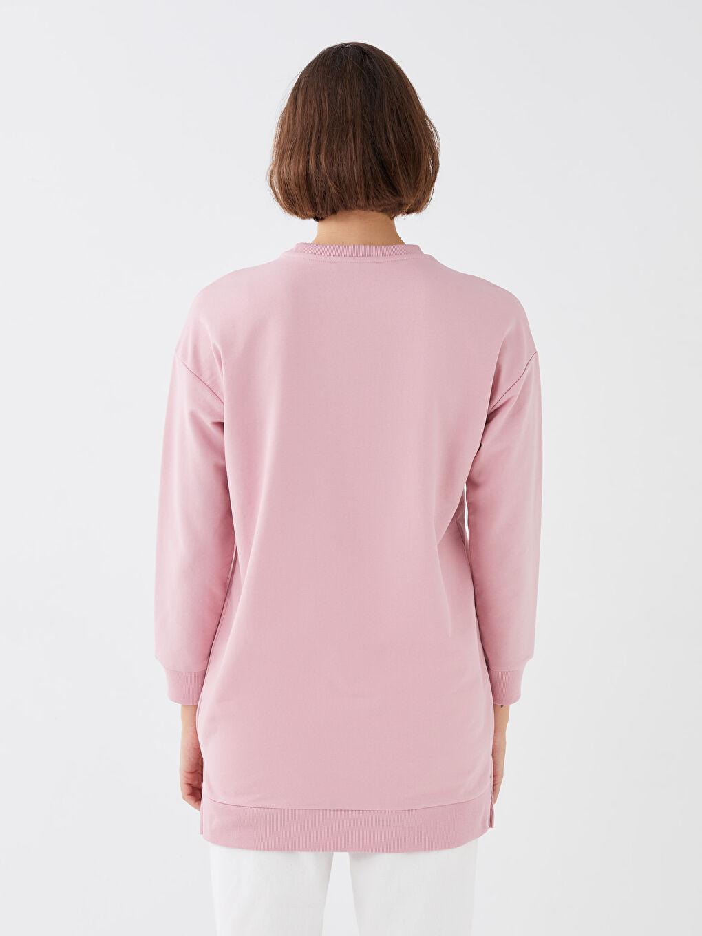 Pembe Bisiklet Yaka Baskılı Uzun Kollu Oversize Kadın Sweatshirt Tunik-4