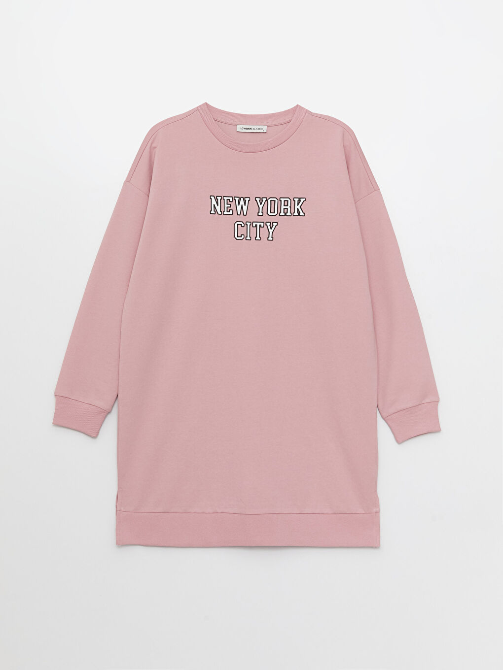 Pembe Bisiklet Yaka Baskılı Uzun Kollu Oversize Kadın Sweatshirt Tunik-5