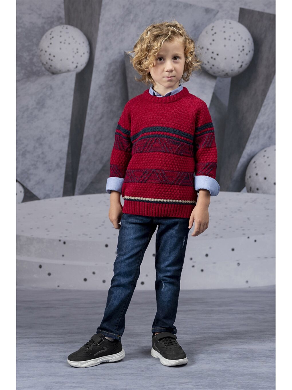 Bordo Bisiklet Yaka Desenli Uzun Kollu Erkek Çocuk Kazak Gömlek ve Pantolon