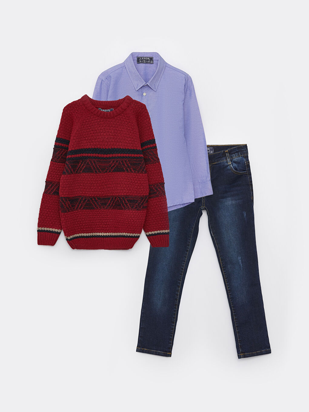 Bordo Bisiklet Yaka Desenli Uzun Kollu Erkek Çocuk Kazak Gömlek ve Pantolon-1