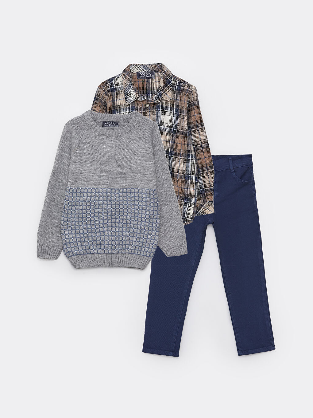 Gri Bisiklet Yaka Desenli Uzun Kollu Erkek Çocuk Kazak Gömlek ve Pantolon
