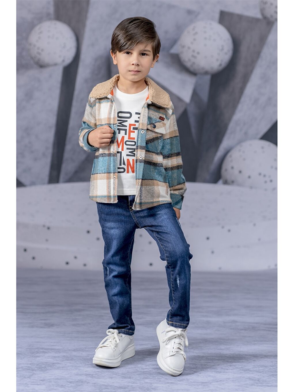 Turkuaz Gömlek Yaka Ekose Uzun Kollu Erkek Çocuk Gömlek Sweatshirt ve Pantolon