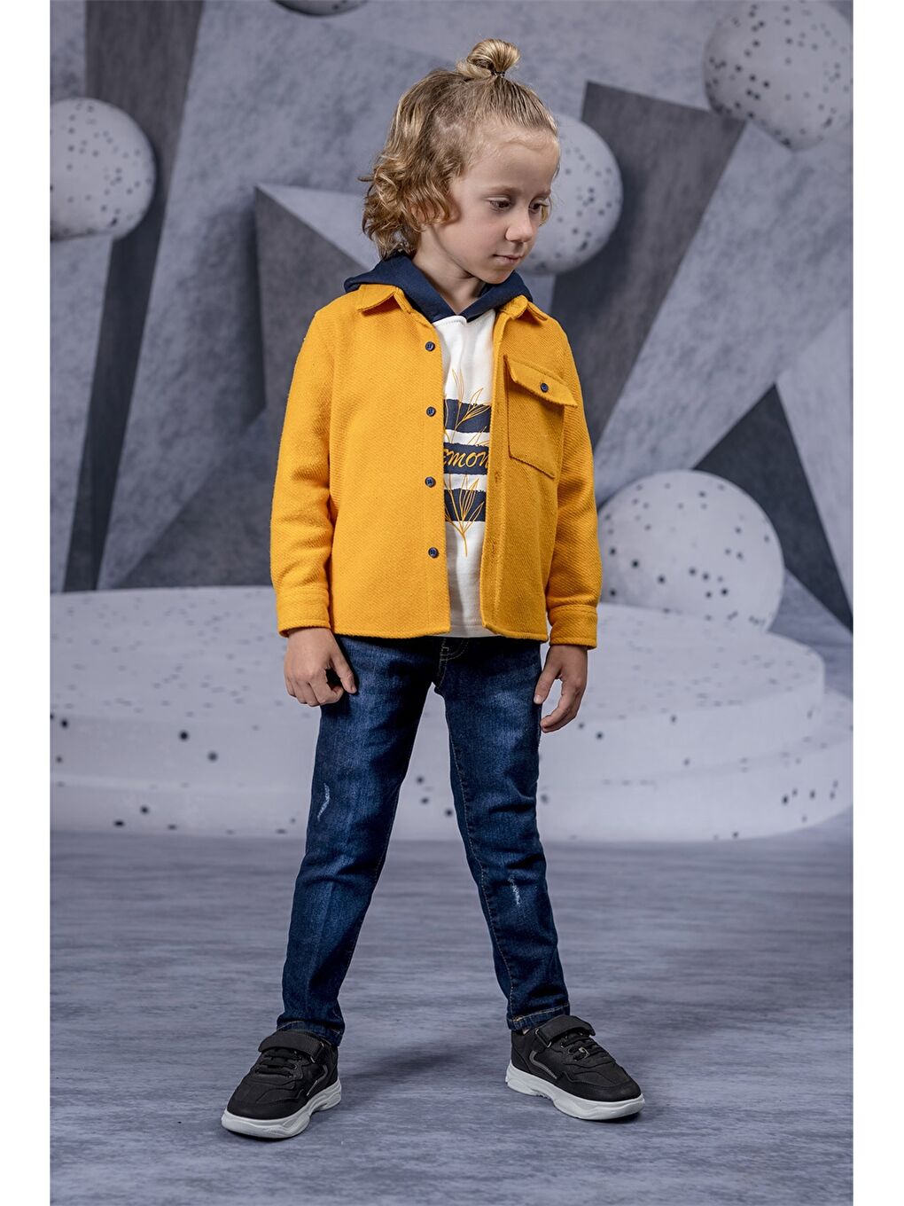 Sarı Basic Uzun Kollu Erkek Çocuk Gömlek Sweatshirt ve Pantolon