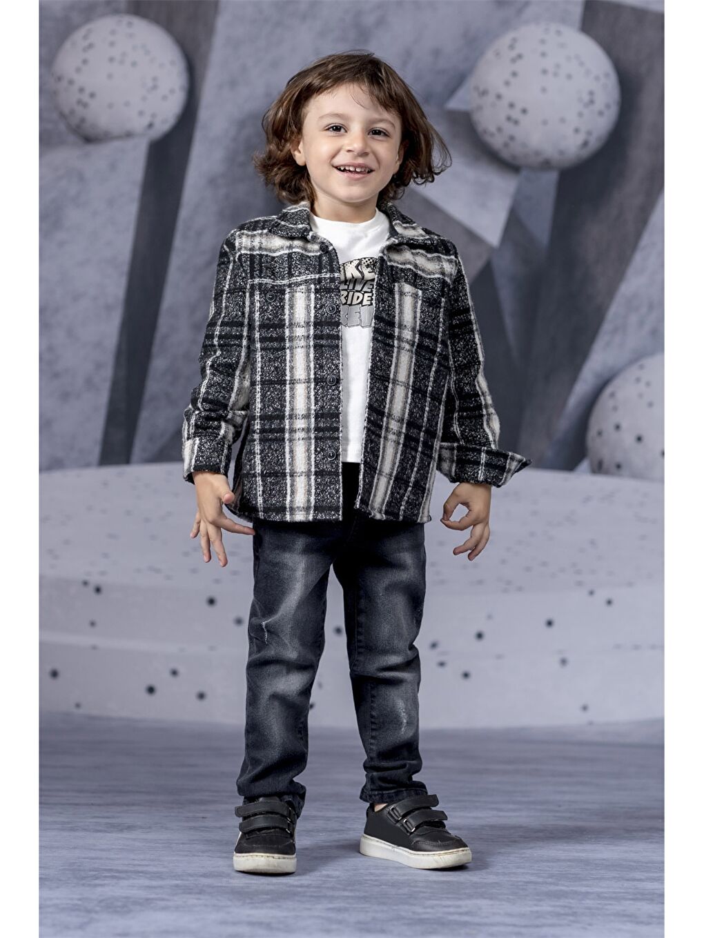 Siyah Gömlek Yaka Ekose Uzun Kollu Erkek Çocuk Gömlek Sweatshirt ve Pantolon
