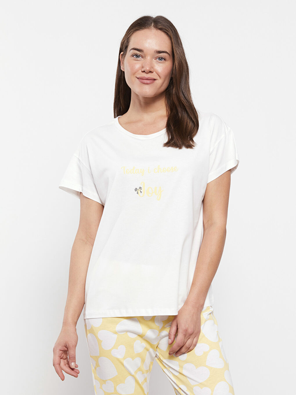 Sarı Bisiklet Yaka Baskılı Kısa Kollu Kadın Pijama Takımı-2