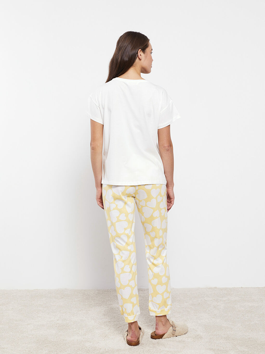 Sarı Bisiklet Yaka Baskılı Kısa Kollu Kadın Pijama Takımı-4