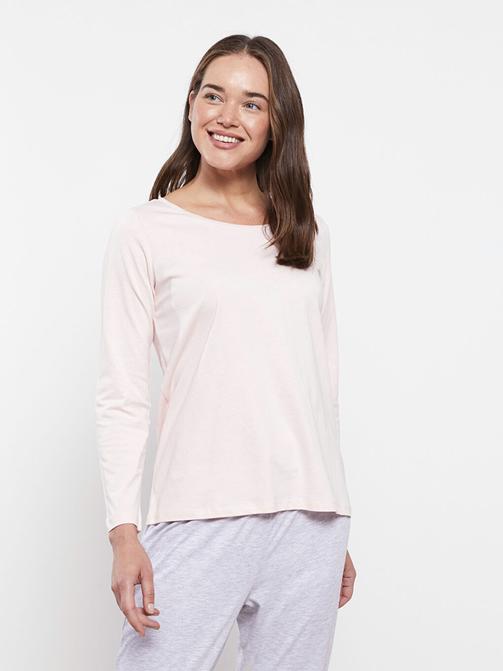 Gri Bisiklet Yaka Düz Uzun Kollu Kadın Pijama Takımı