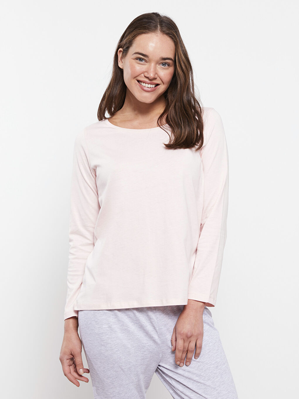 Gri Bisiklet Yaka Düz Uzun Kollu Kadın Pijama Takımı-1