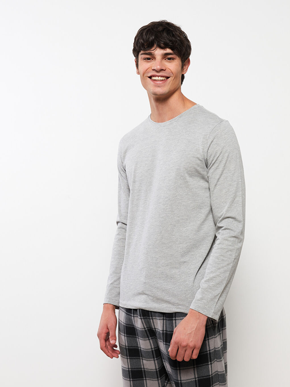 Gri Bisiklet Yaka Uzun Kollu Erkek Pijama Üst-1