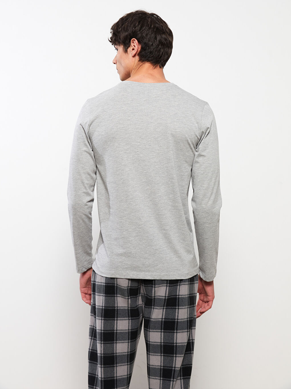 Gri Bisiklet Yaka Uzun Kollu Erkek Pijama Üst-4