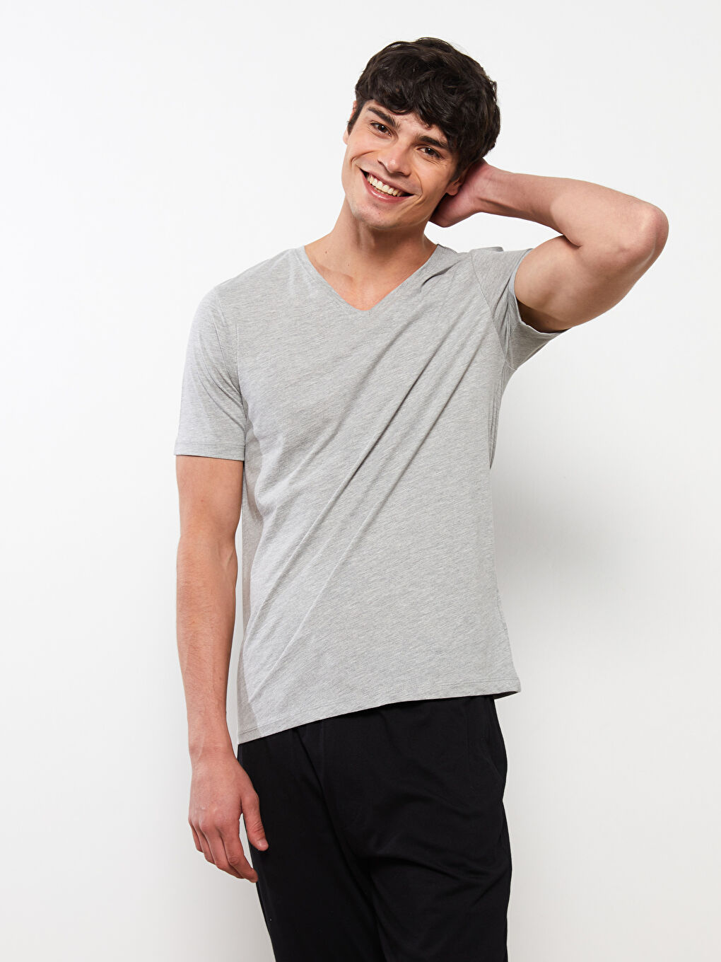 Gri V Yaka Kısa Kollu Pamuklu Erkek Atlet-1