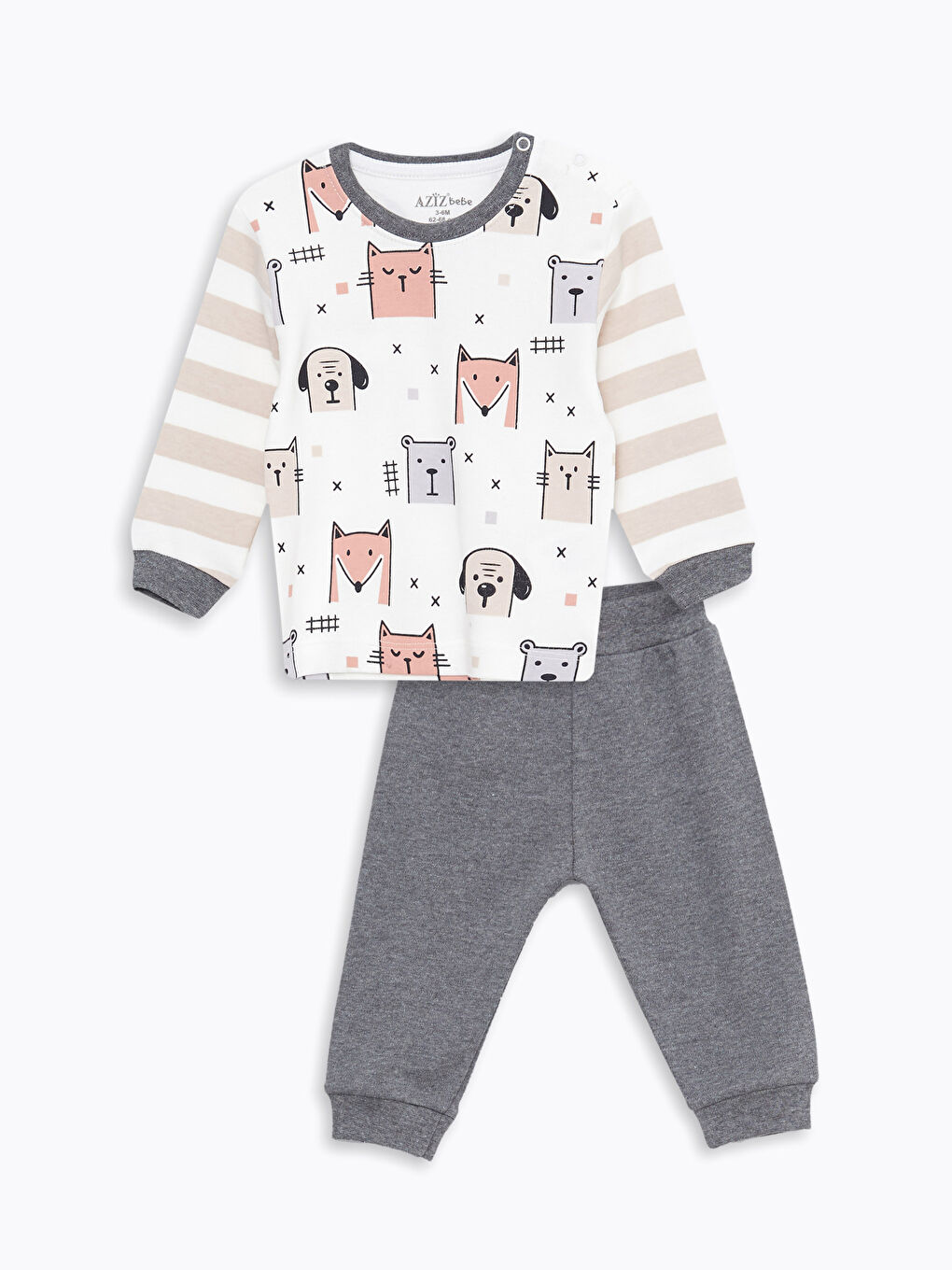 Ekru Bisiklet Yaka Uzun Kollu Baskılı Erkek Bebek Pijama Takım