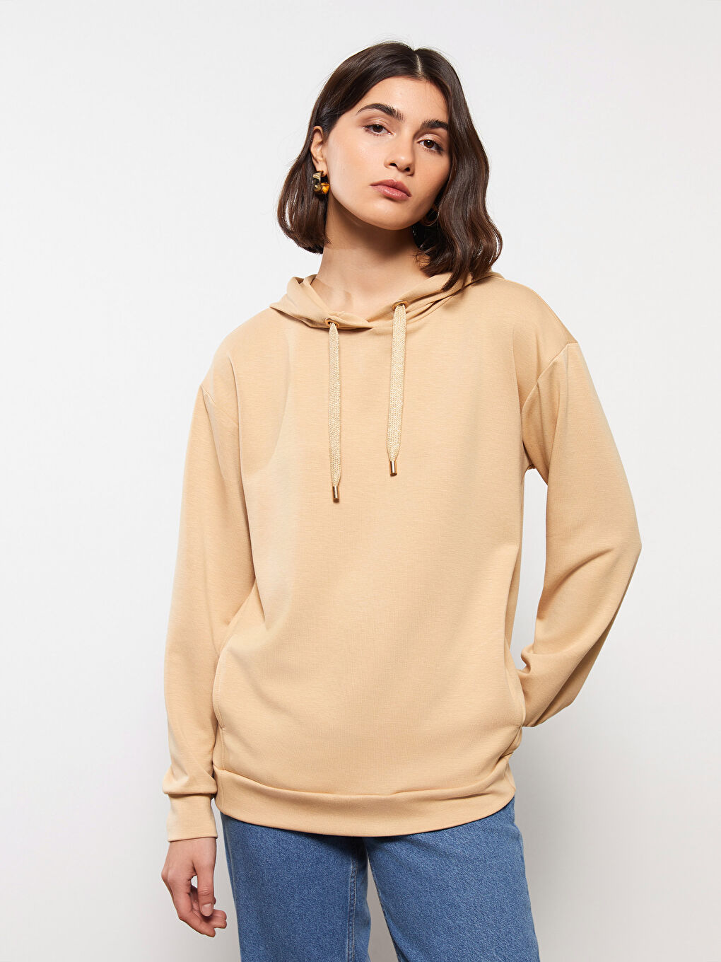 Bej Kapüşonlu Düz Uzun Kollu Kadın Sweatshirt