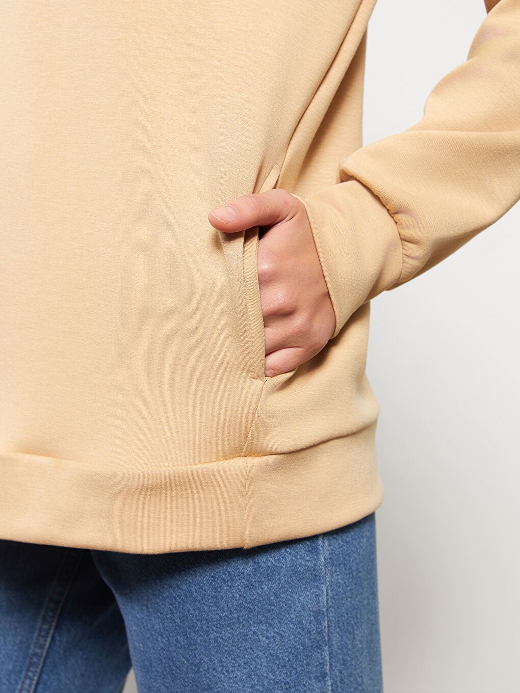 Bej Kapüşonlu Düz Uzun Kollu Kadın Sweatshirt-2