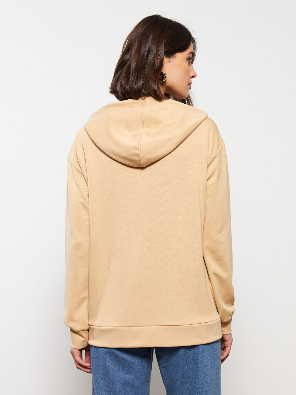 Bej Kapüşonlu Düz Uzun Kollu Kadın Sweatshirt-3