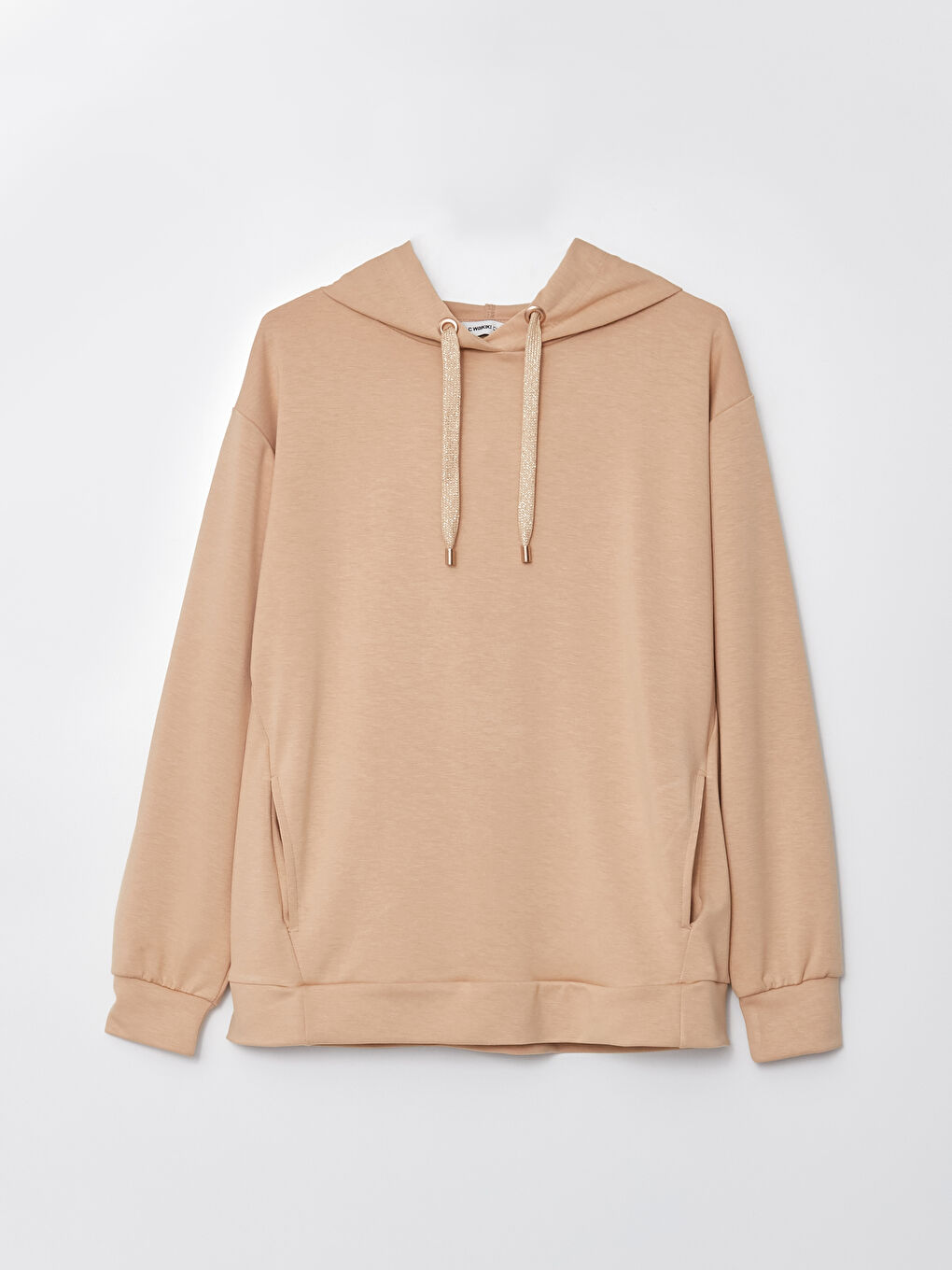 Bej Kapüşonlu Düz Uzun Kollu Kadın Sweatshirt-4