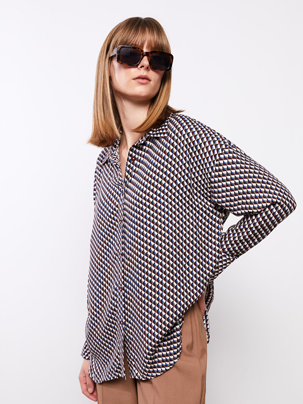 Patterned Long Sleeve Oversize Women's Shirt