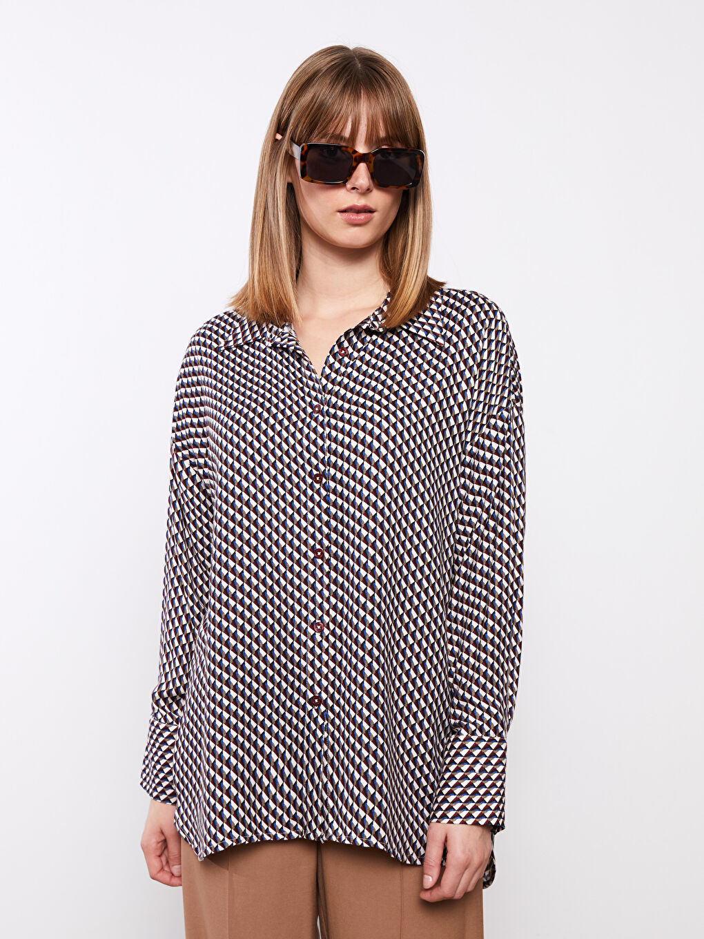 Patterned Long Sleeve Oversize Women's Shirt-1