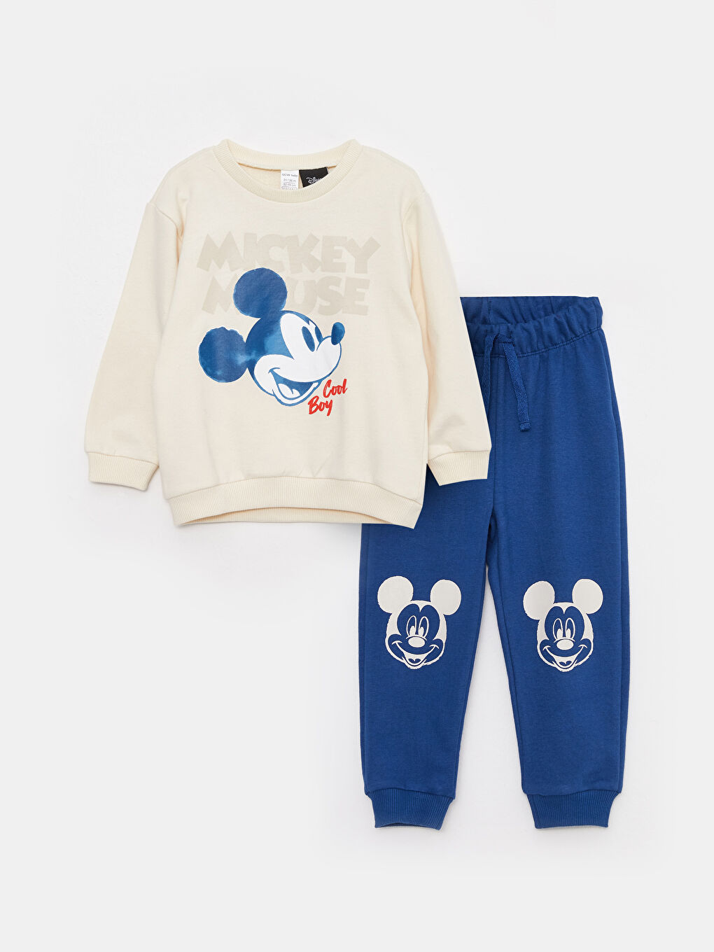 Bej Bisiklet Yaka Uzun Kollu Mickey Mouse Baskılı Erkek Bebek Sweatshirt ve Eşofman Alt 2'li Takım