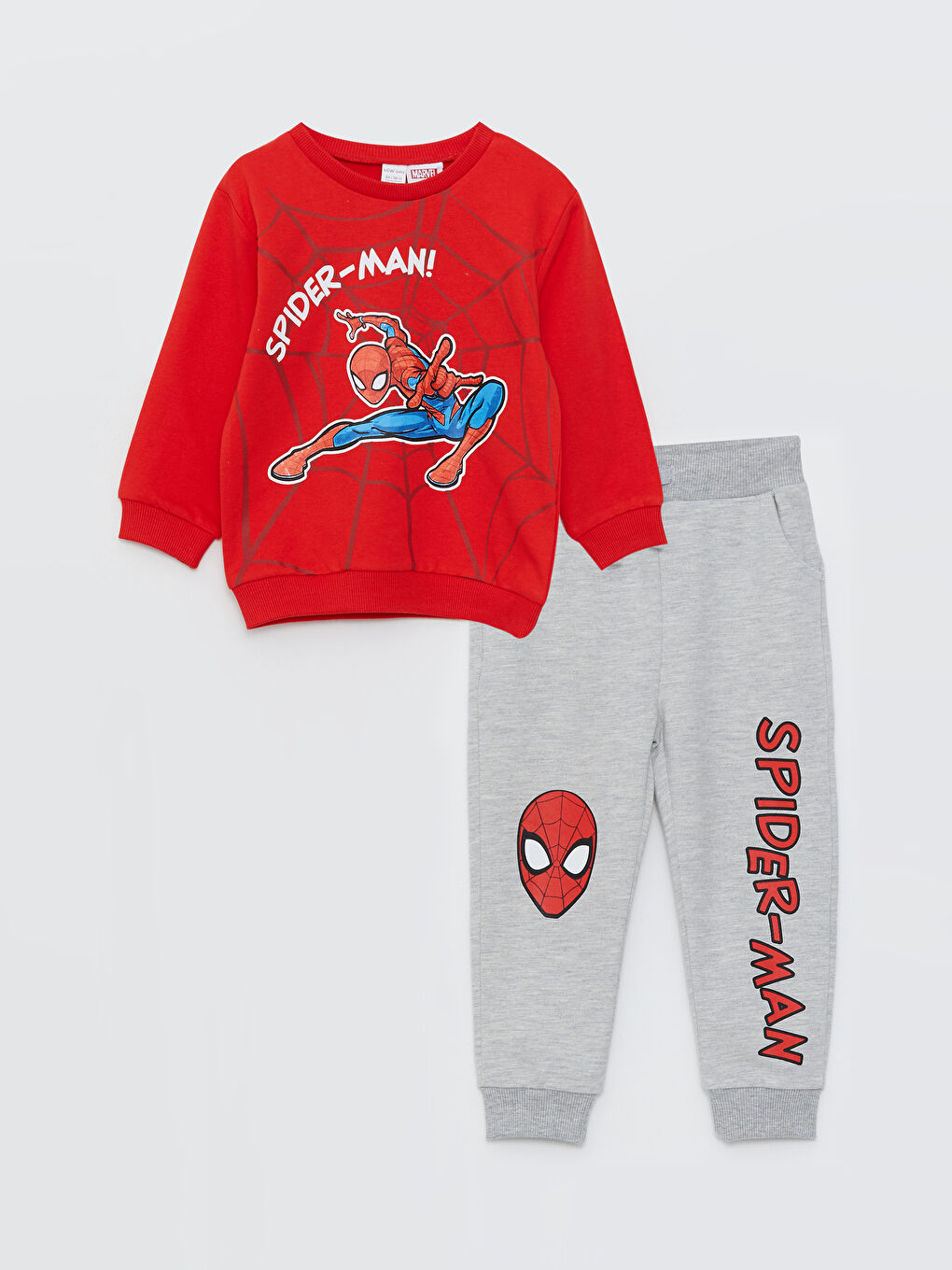 LCW baby Canlı Kırmızı Bisiklet Yaka Uzun Kollu Spiderman Baskılı Erkek Bebek Sweatshirt ve Eşofman Alt 2'li Takım