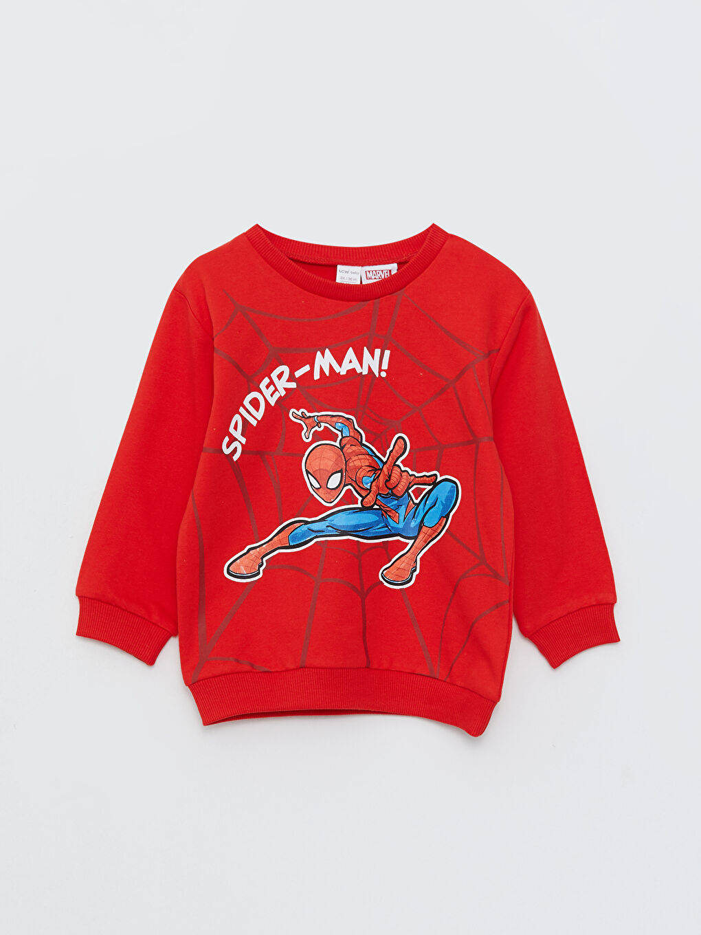 LCW baby Canlı Kırmızı Bisiklet Yaka Uzun Kollu Spiderman Baskılı Erkek Bebek Sweatshirt ve Eşofman Alt 2'li Takım - 1