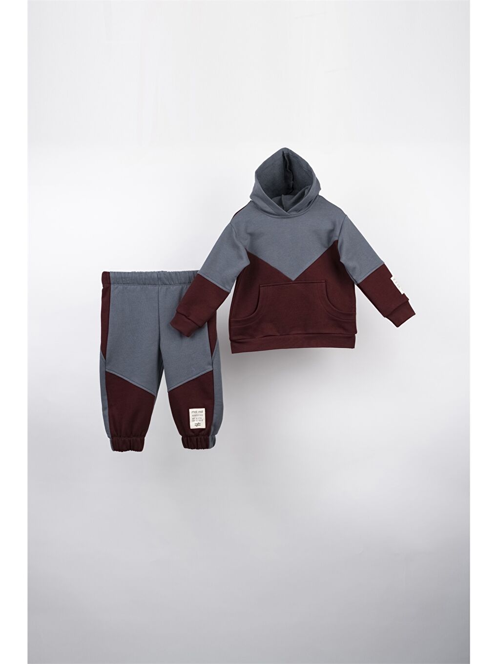 Antrasit Kapüşonlu Renk Bloklu Uzun Kollu Unisex Çocuk Sweatshirt ve Eşofman Altı