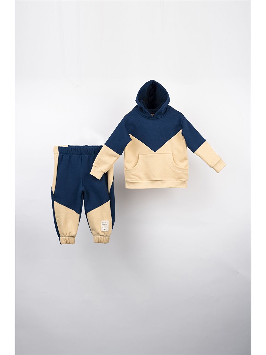 Lacivert Kapüşonlu Renk Bloklu Uzun Kollu Unisex Çocuk Sweatshirt ve Eşofman Altı-1