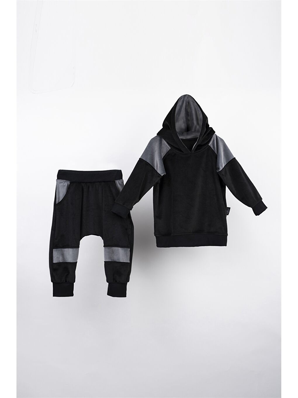 Siyah Kapüşonlu Renk Bloklu Uzun Kollu Unisex Çocuk Sweatshirt ve Eşofman Altı