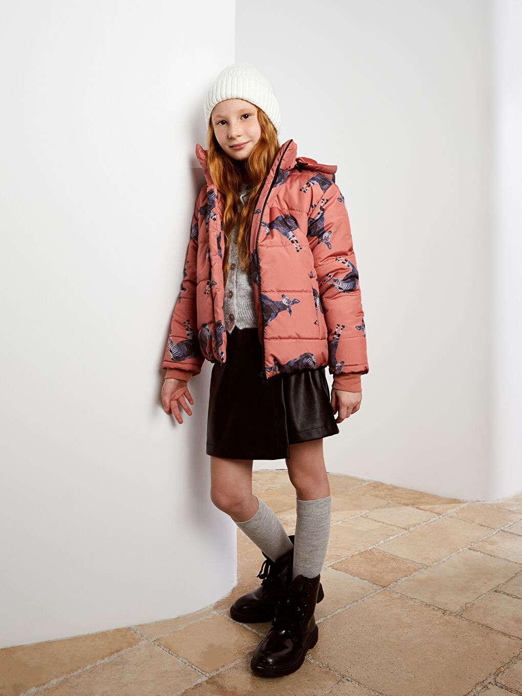 Turuncu Kapüşonlu Baskılı Unisex Çocuk Mont