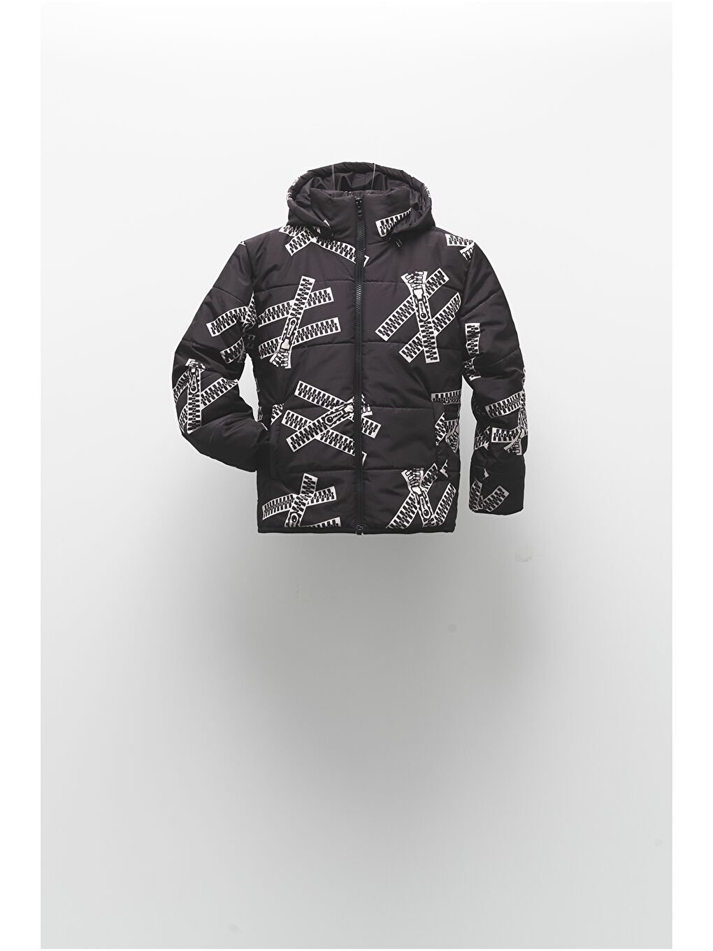 Siyah Kapüşonlu Uzun Kollu Desenli Unisex Bebek Mont