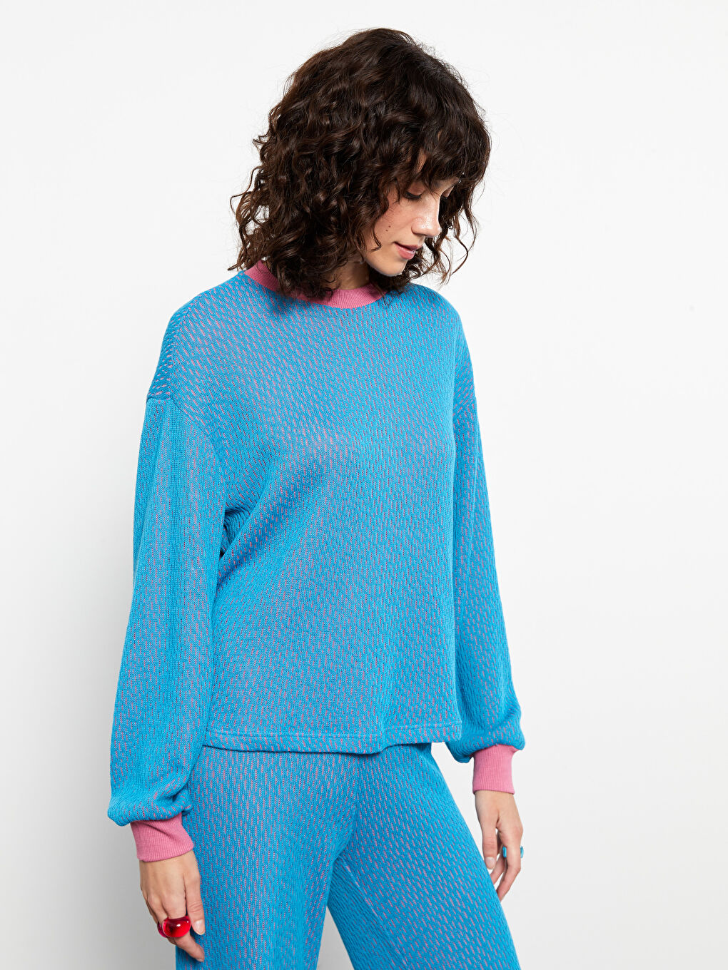Crew Neck Self Patterned Long Sleeve Women's Sweatshirt -W2IG89Z8-GVA