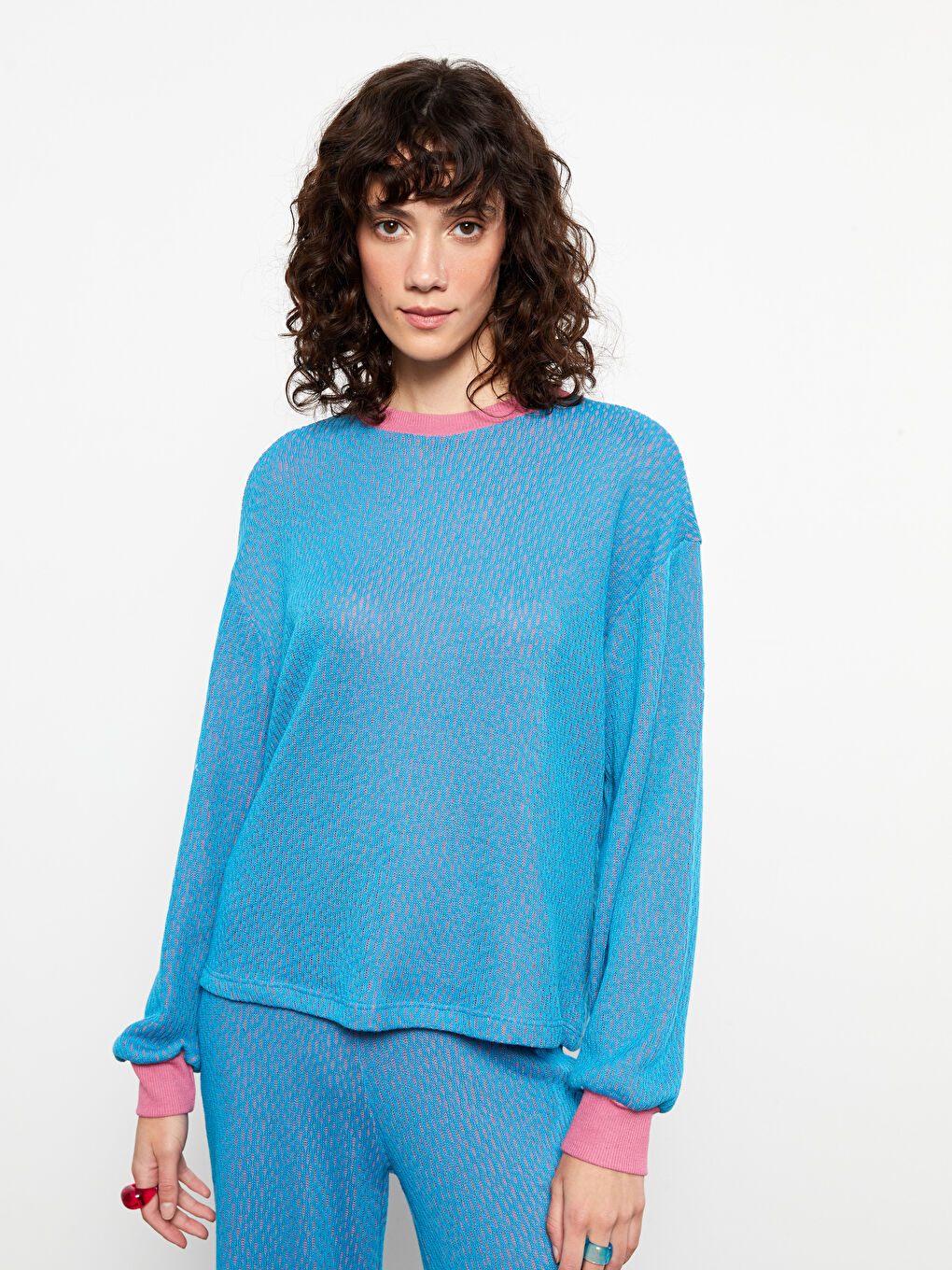 Crew Neck Self Patterned Long Sleeve Women's Sweatshirt -W2IG89Z8-GVA
